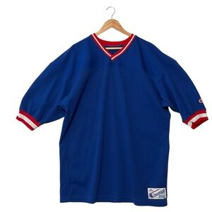 vtg CHAMPION sz X Large Mesh Jersey Top Short Sleeves V Neck Stripes Royal Blue